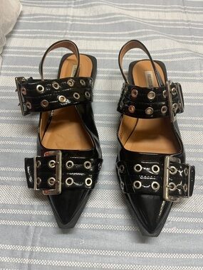 Pointed Black Patent Slingback Mules with Buckle & Grommet Straps